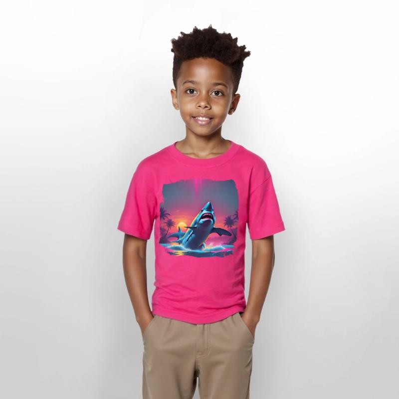 80s AI Airbrush Beach Shark Scene - Kids Shirts