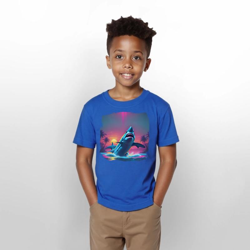 80s AI Airbrush Beach Shark Scene - Kids Shirts