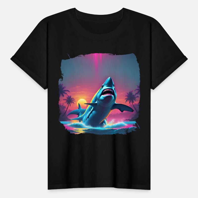 80s AI Airbrush Beach Shark Scene - Kids Shirts