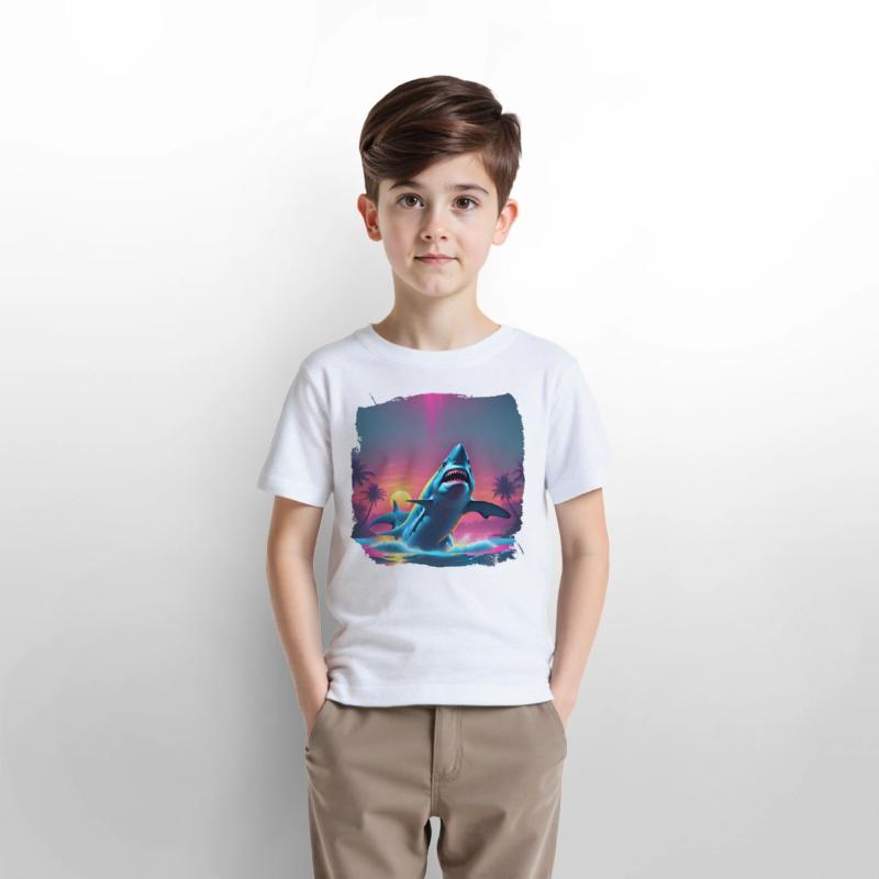 80s AI Airbrush Beach Shark Scene - Kids Shirts