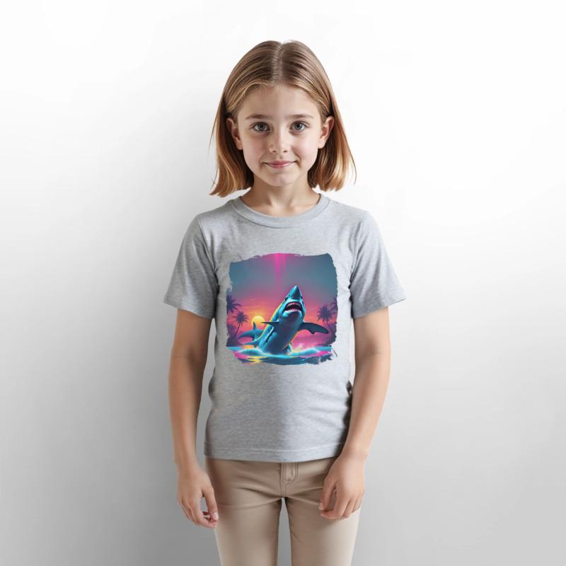 80s AI Airbrush Beach Shark Scene - Kids Shirts