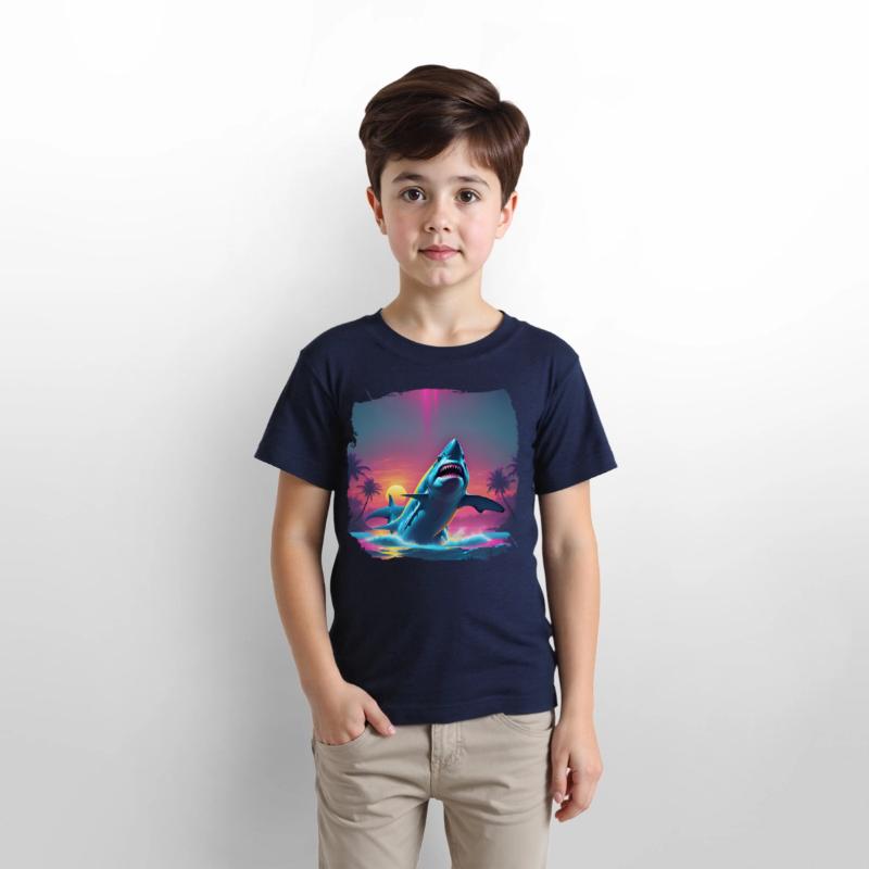 80s AI Airbrush Beach Shark Scene - Kids Shirts