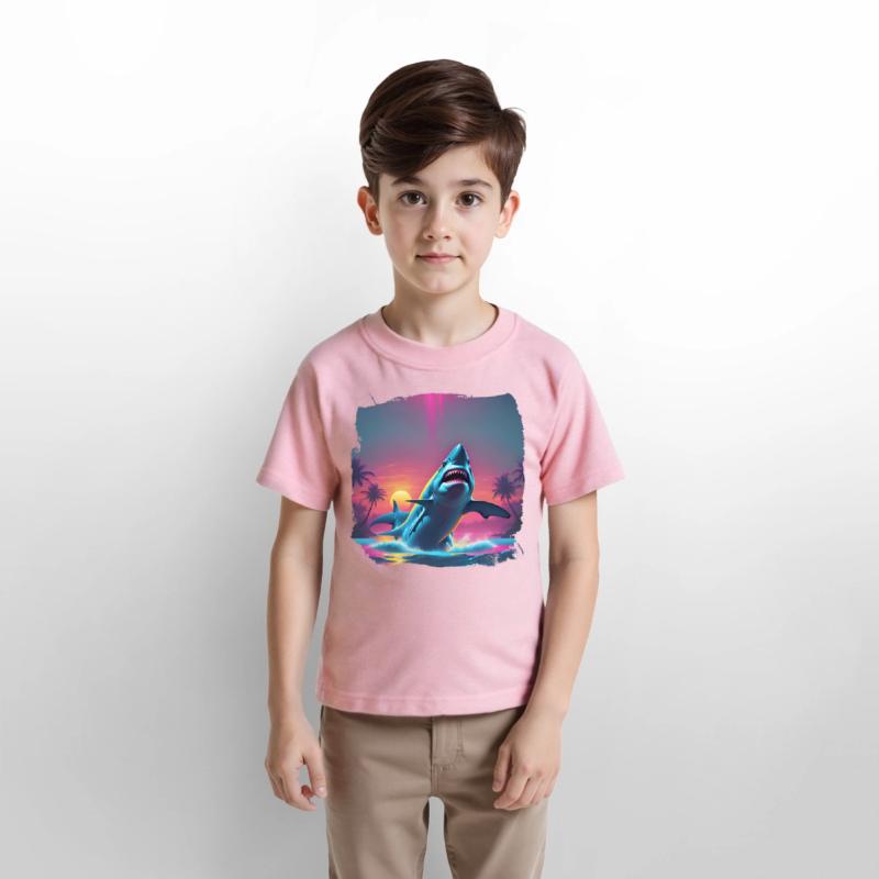 80s AI Airbrush Beach Shark Scene - Kids Shirts