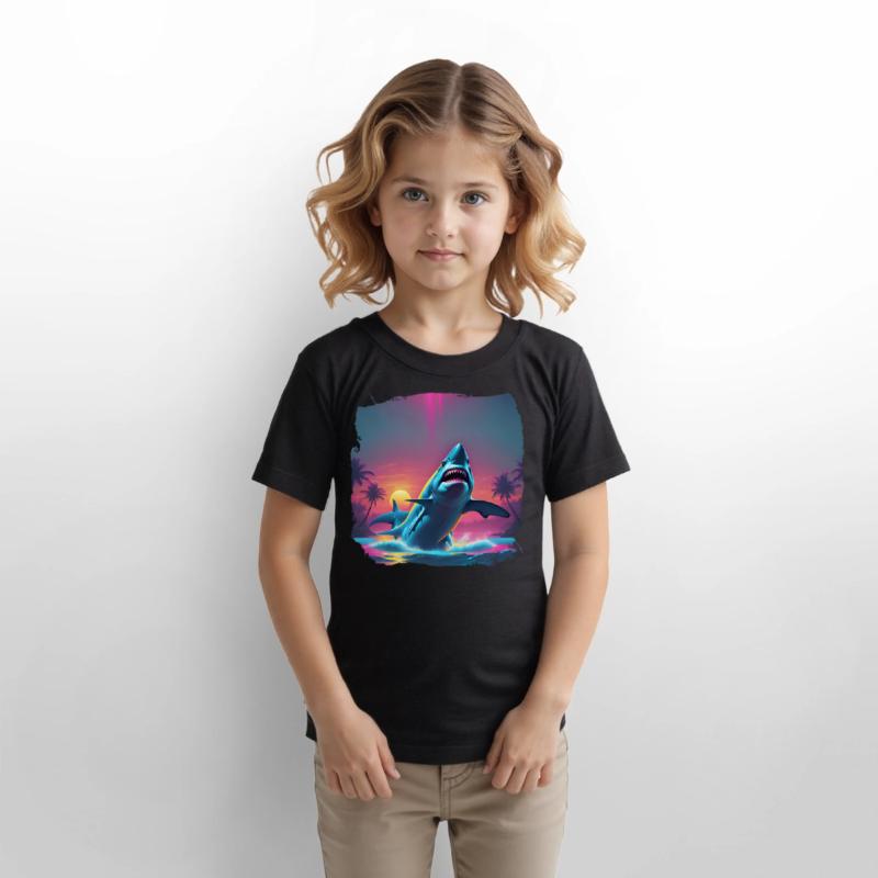 80s AI Airbrush Beach Shark Scene - Kids Shirts