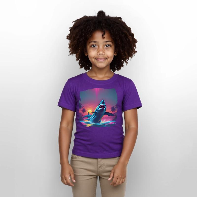 80s AI Airbrush Beach Shark Scene - Kids Shirts