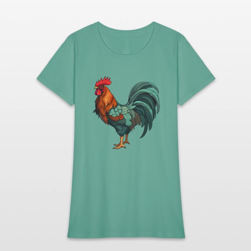 Bold and colorful rooster illustration.