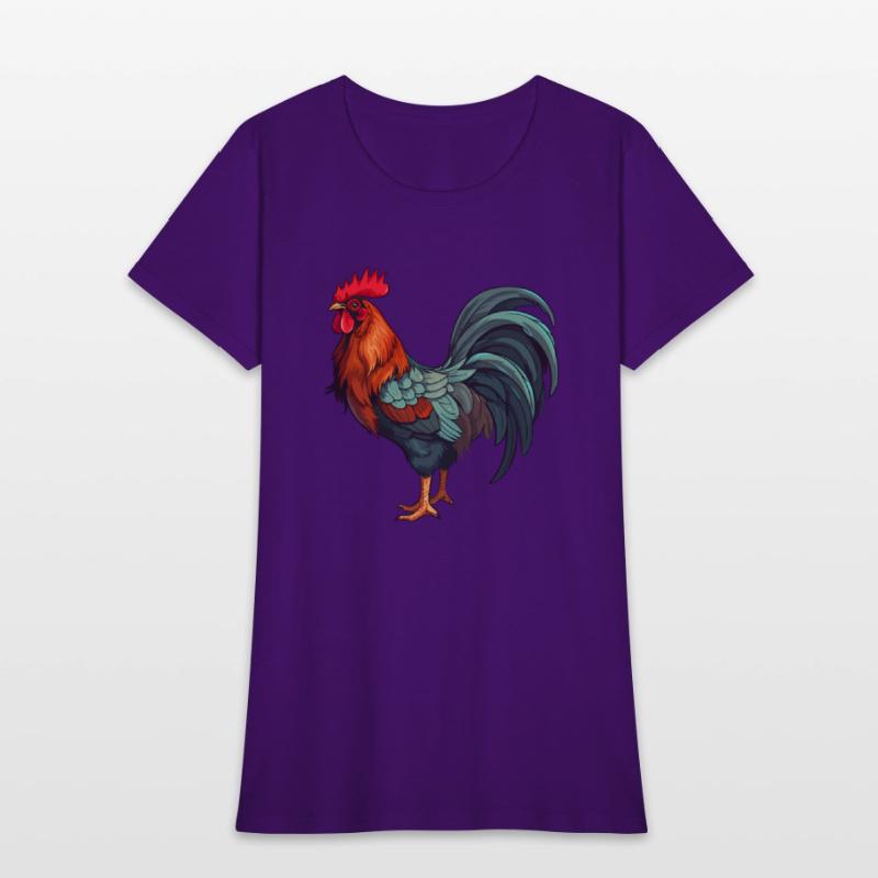 Bold and colorful rooster illustration.