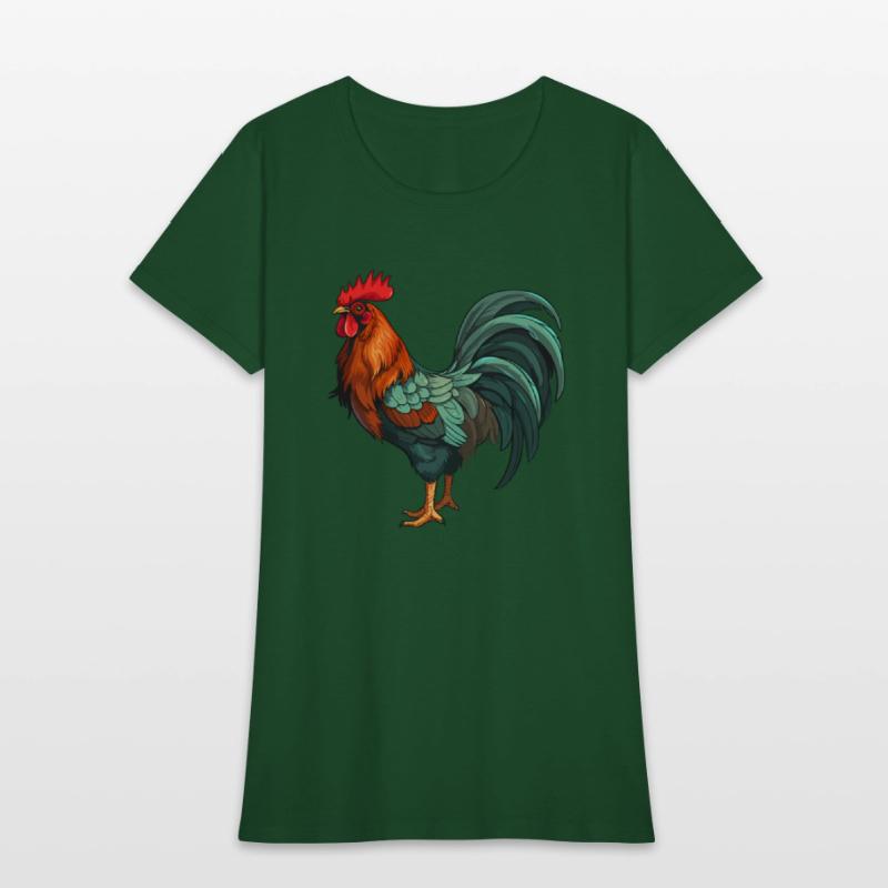 Bold and colorful rooster illustration.