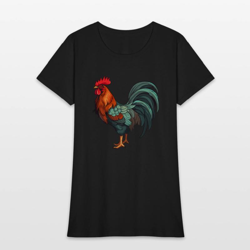 Bold and colorful rooster illustration.