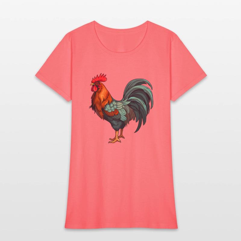 Bold and colorful rooster illustration.