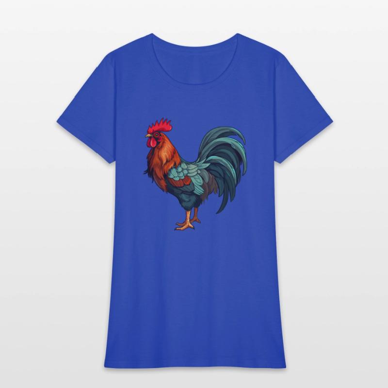 Bold and colorful rooster illustration.