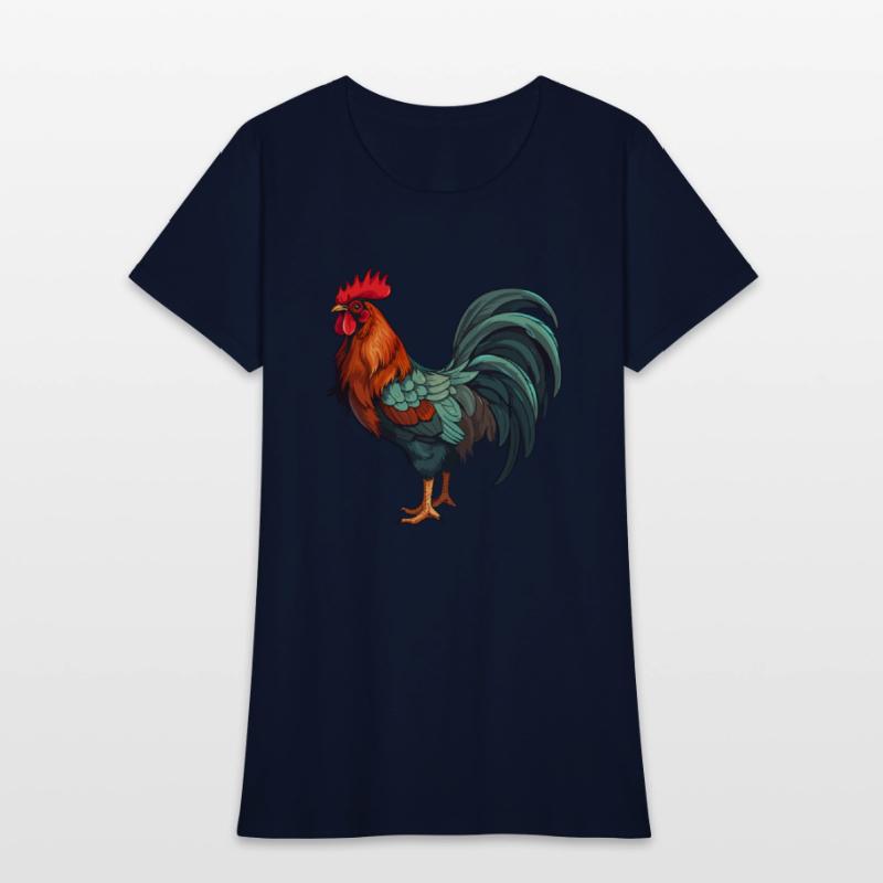 Bold and colorful rooster illustration.
