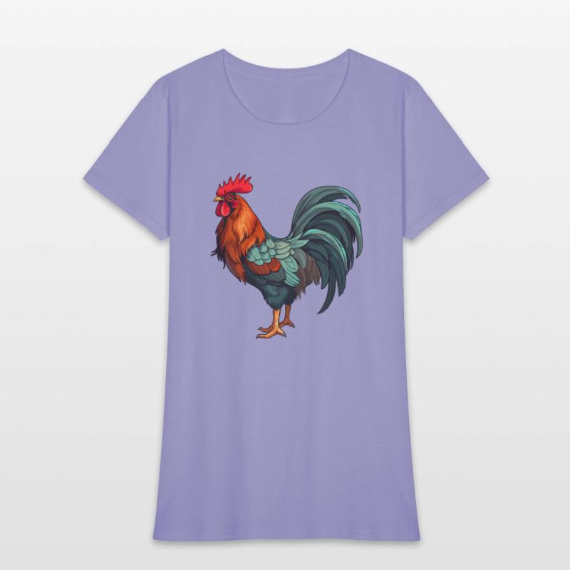 Bold and colorful rooster illustration.