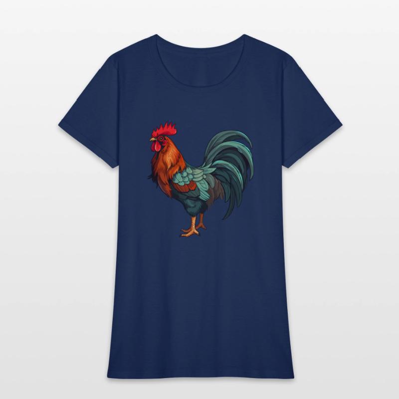 Bold and colorful rooster illustration.