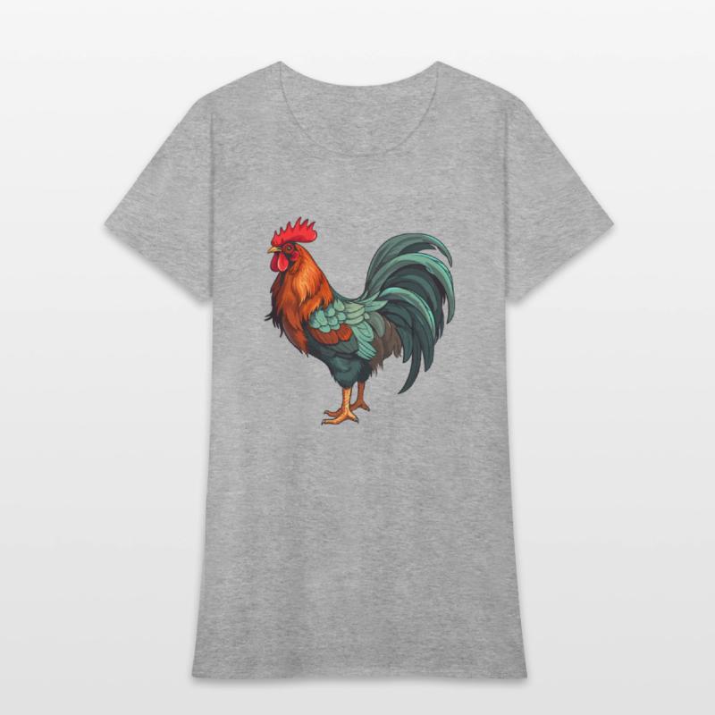 Bold and colorful rooster illustration.
