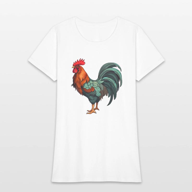 Bold and colorful rooster illustration.