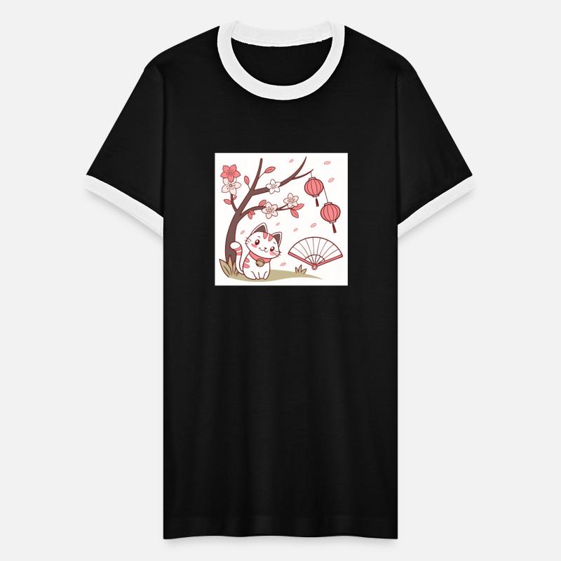 Cherry Blossom Cat with Lantern and Fan