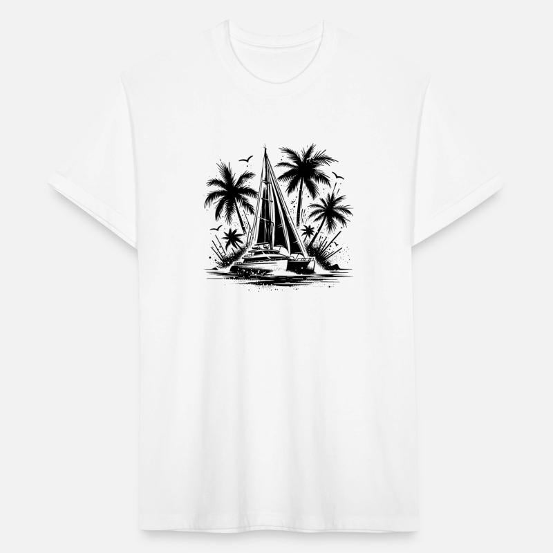 Double Hull Catamaran Sailing Boat With Palm Trees