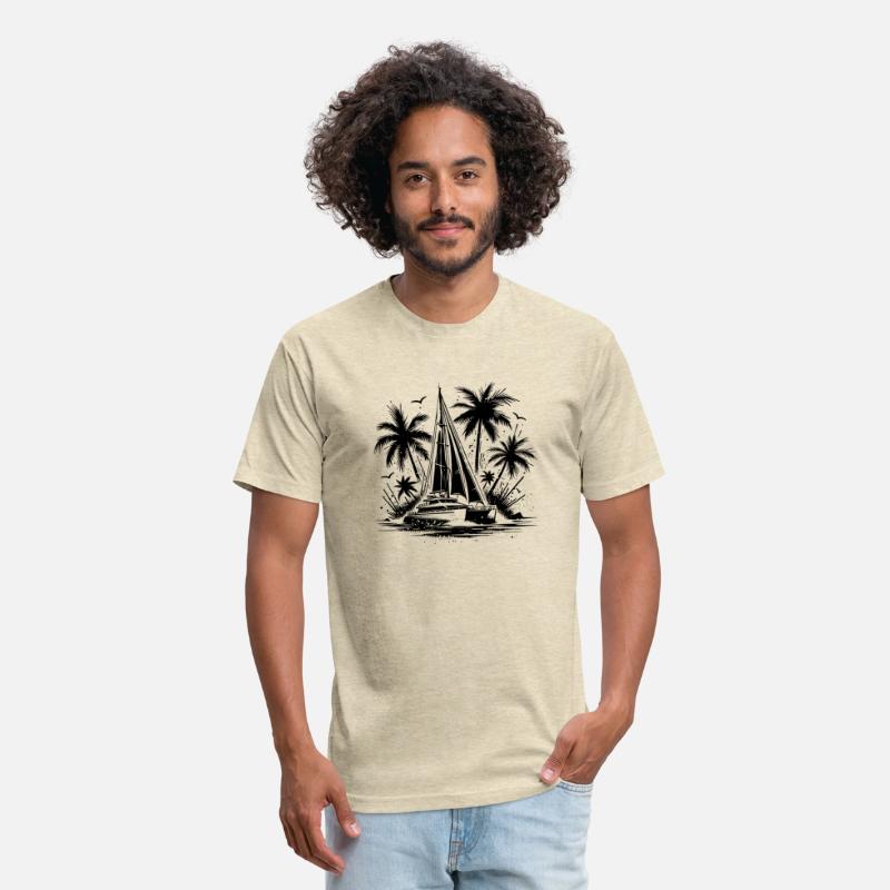 Double Hull Catamaran Sailing Boat With Palm Trees